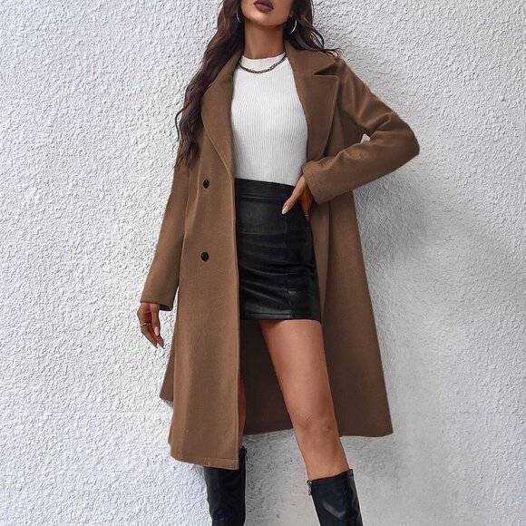 Brown Preppy Womens Lapel Neck Double Breasted Belted Coat - Picture 3 of 5